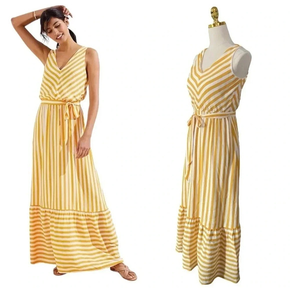 LOFT | Women Mustard/White Striped Chevron Flounce Maxi Dress Size 0P - Picture 1 of 15